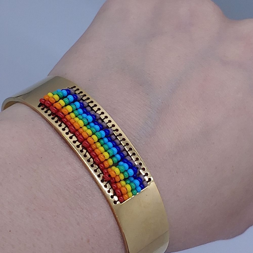 Gold Cuff Bracelet with Rainbow Beads
